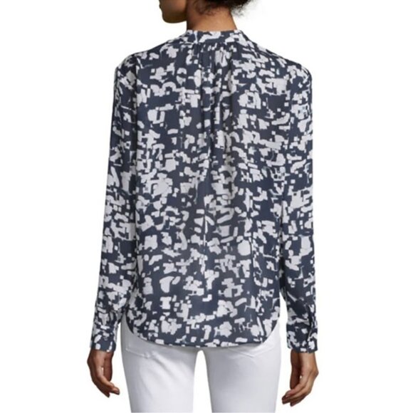 VINCE Black/White Confetti-Print Silk Popover V-neck Button up Blouse size 8 - Picture 1 of 9